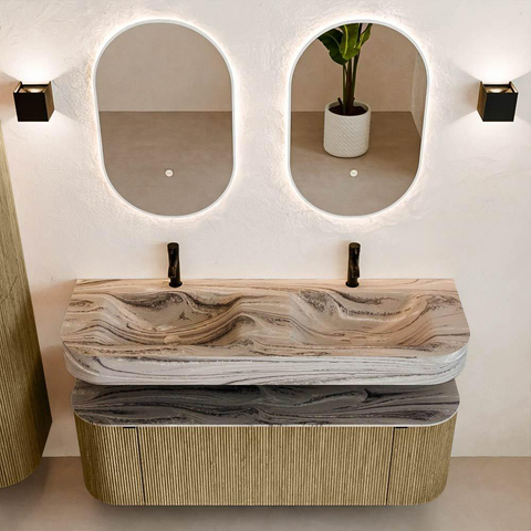 MONDIAZ THOR-DLUX 140cm meuble de salle de bains arrondi gauche + droite couleur Dusk avec 1 tiroir et 2 portes. Vasque suspendue CLOUD Double 2 trous de robinet couleur Sombra. SW1464251