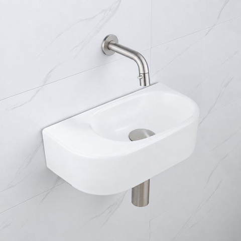 QeramiQ Fuente fonteinset – halfrond – 40x21.5x12 cm – keramiek wit mat – zonder kraangat – kraan geborsteld RVS SW1233099