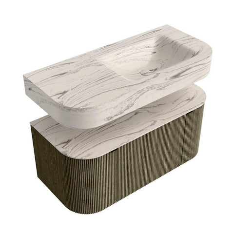 MONDIAZ THOR-DLUX 100cm meuble de salle de bains arrondi gauche + droite couleur Shadow avec 1 tiroir et 2 portes. Vasque suspendue CLOUD Droite sans trou de robinet couleur Nata. SW1467590