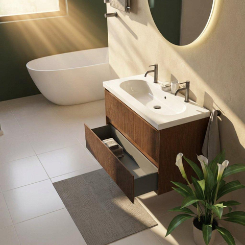 Saniclass Holz Atelier Ensemble meuble de salle de bains - 100x45x63.5cm - lavabo Palermo en céramique blanc - 1 vasque - 2 trous de robinetterie - 2 tiroirs - mat walnut pure (bois) SW1478623