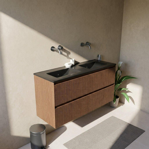 Saniclass Holz Atelier Ensemble de meubles de salle de bains - 120x45x62cm - Lavabo Vygo en céramique noir - 2 vasques - sans trous de robinetterie - 2 tiroirs - walnut pure mat (bois) SW1478980