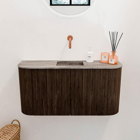 Mondiaz JOYA-DLUX 83.2cm meuble de toilette - arrondi gauche et droite couleur Walnut - Vasque FAYE position Milieu Sans trou de robinet couleur Oza SW1424610