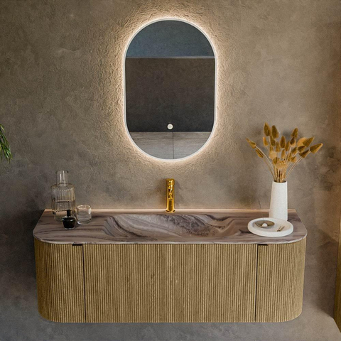 MONDIAZ KURVE-DLUX 130cm badmeubel ronding Links + Rechts kleur Dusk met 1 lade en 2 deuren. Wastafel BIG SMALL Midden 1 kraangat Sombra. SW1433848