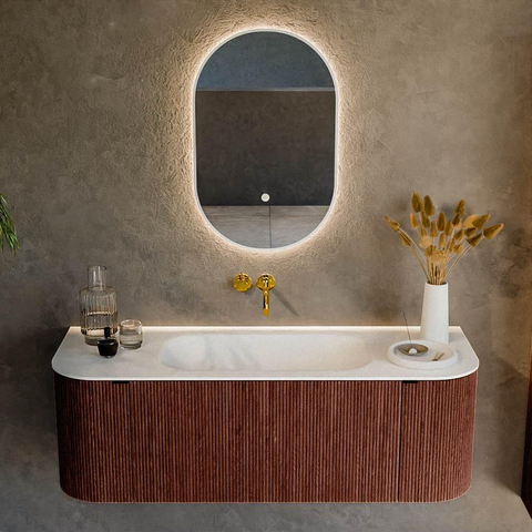 Mondiaz KURVE Ensemble de meuble de salle de bains - 130x46x40cm - 1 tiroir - 2 portes - lavabo solid surface - milieu - sans trou de robinet - Ruby SW1416118