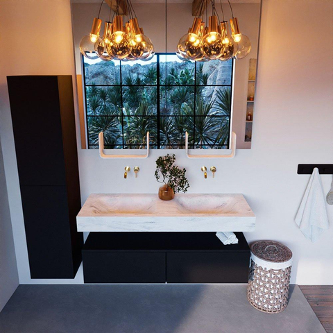 Mondiaz ALAN-DLUX Ensemble de meuble - 130cm - meuble Urban mat - 2 tiroirs - Lavabo Cloud Opalo suspendu - vasque Gauche et droite - 0 trous de robinet SW806553