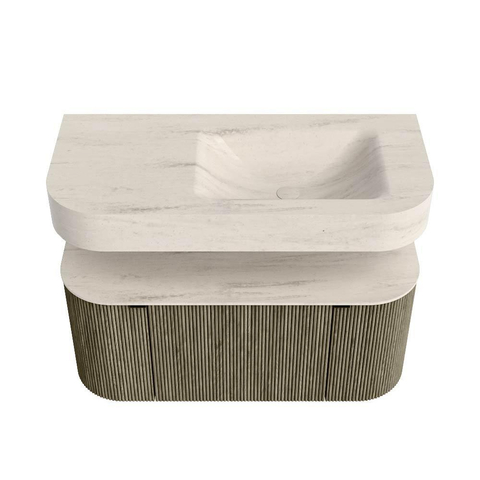 MONDIAZ THOR-DLUX 100cm meuble de salle de bains arrondi gauche + droite couleur Shadow avec 1 tiroir et 2 portes. Vasque suspendue CLOUD droite sans trou de robinet couleur Meli. SW1467492
