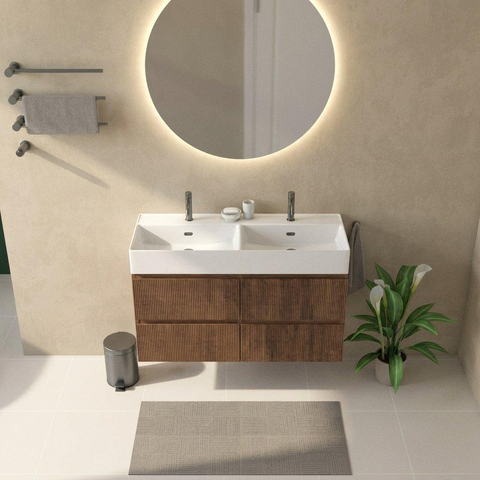 Saniclass Holz Atelier Ensemble meuble de salle de bains - 120x45x72cm - Lavabo Legend en céramique blanc - 2 vasques - 2 trous de robinetterie - 2 tiroirs - walnut pure mat (bois) SW1478525