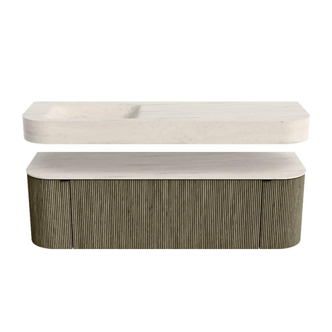MONDIAZ THOR-DLUX 150cm meuble de salle de bains arrondi gauche + droite couleur Shadow avec 1 tiroir et 2 portes. Vasque suspendue CLOUD Gauche sans trou de robinet couleur Meli. SW1464808