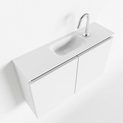 MONDIAZ TURE Fonteinset - 80x23x50cm - 1 kraangat - 2 deuren - talc mat - Wasbak midden - Solid Surface Wit SW474871