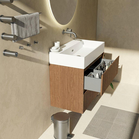 Saniclass Holz Atelier Badkamermeubelset - 80x45x72cm - Legend keramische wastafel mat wit - 1 wasbak - zonder kraangat - 2 lades - mat walnut pure (hout) SW1579605
