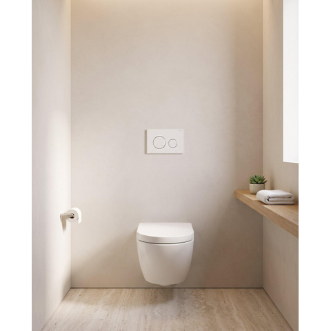 Pack WC QeramiQ Dely Swirl Compact - réservoir encastrable Geberit UP320 - avec bâti-support Burda - abattant 25 mm - plaque de commande en plastique blanc brillant - boutons ronds - blanc mat SW1591102
