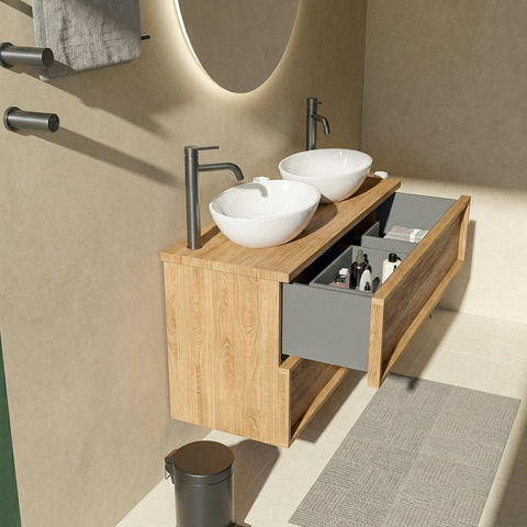 Saniclass Holz Frame Ensemble de meubles de salle de bains - 120x45x63cm - Plan vasque en basalte Noche poli (noir) - 2 trous de robinet - 2 tiroirs - chêne natural mat (bois) SW1579913