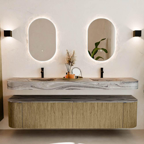 MONDIAZ THOR-DLUX Meuble de salle de bains - 200cm - arrondi gauche + droite - couleur Dusk - 2 tiroirs et 2 portes - Vasque suspendue CLOUD Double 2 trous de robinet - couleur Sombra SW1467287