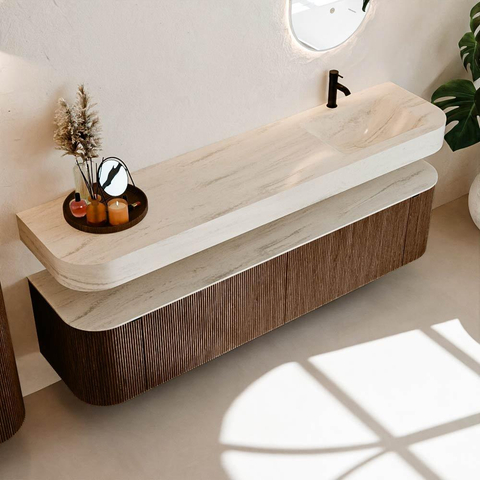 MONDIAZ THOR-DLUX 190cm meuble de salle de bains arrondi gauche + droite couleur Walnut avec 2 tiroirs et 2 portes. Vasque suspendue CLOUD Droite 1 trou de robinet couleur Meli. SW1466735