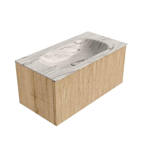 MONDIAZ KURVE-DLUX 90cm badmeubel kleur Oak met 1 lade en 0 deuren. Wastafel BIG SMALL Midden zonder kraangat Nata. SW1432075