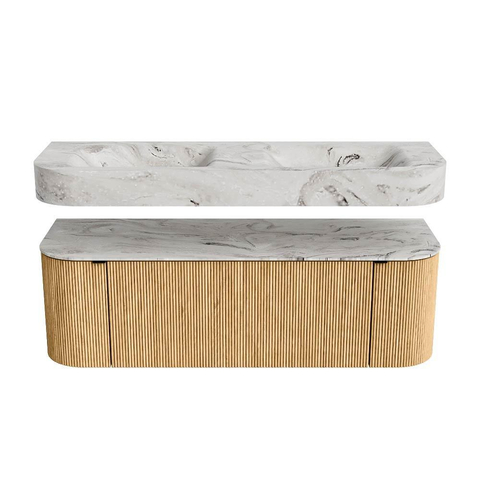 MONDIAZ THOR-DLUX 140cm meuble de salle de bains arrondi gauche + droite couleur Oak avec 1 tiroir et 2 portes. Vasque suspendue CLOUD Double sans trou de robinet couleur Glace. SW1463893