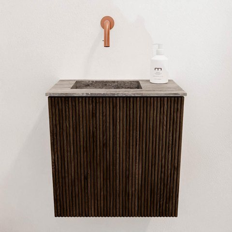 Mondiaz JOYA-DLUX 40cm toiletmeubel - kleur Walnut - Wastafel FAYE positie Links Zonder kraangat kleur Oza. SW1424544