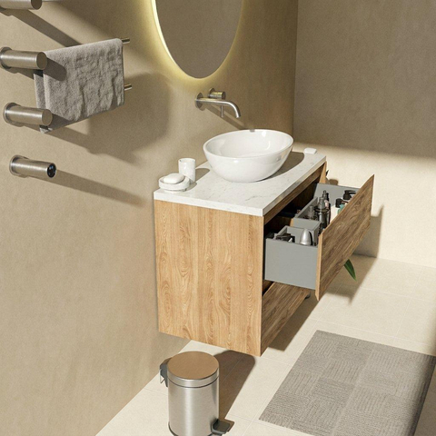Saniclass Holz Pure Badkamermeubelset - 80x45x63cm - Dia marmeren wastafelblad gepolijst (wit) - zonder kraangat - 2 lades - mat eiken natural (hout) SW1478334