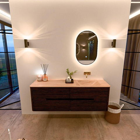 Mondiaz CIRO-DLUX Meuble de salle de bains - 150x45x50cm - Plan vasque Solid surface Saba - 1 lavabo à droite - sans trous de robinetterie - 4 tiroirs - Noyer SW1530704