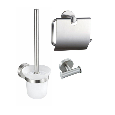 Fortifura Calvi Toiletset 3-delig - toiletrolhouder - met klep - toiletborstel - handdoekhaak dubbel rond - PVD - geborsteld RVS SW1248419
