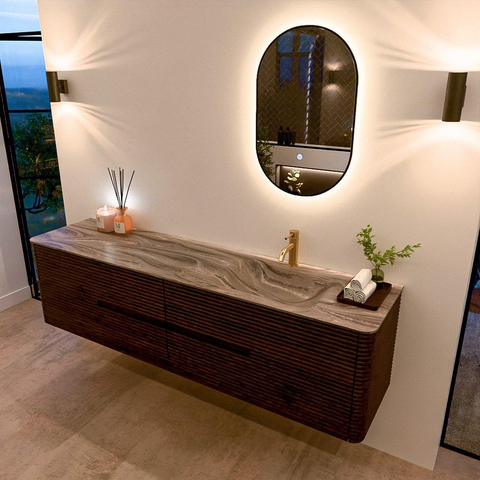 Mondiaz CIRO-DLUX Ensemble de meubles de salle de bains - 190x45x50cm - Plan vasque solid surface Sombra - 1 lavabo à droite - 1 trou de robinet - 4 tiroirs - Noyer SW1530766