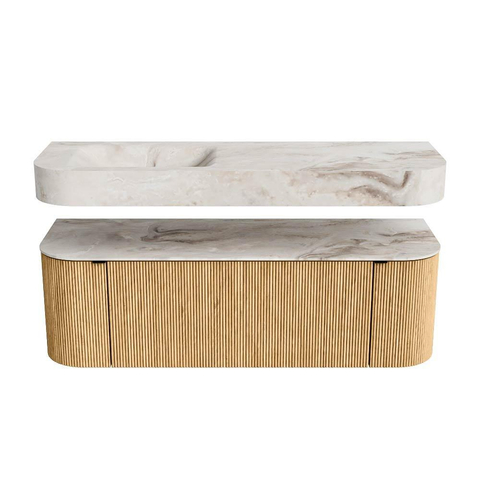 MONDIAZ THOR-DLUX Meuble de salle de bains 140cm arrondi gauche + droite couleur Oak avec 1 tiroir et 2 portes. Vasque suspendue CLOUD Gauche sans trou de robinet couleur Frappe. SW1467657