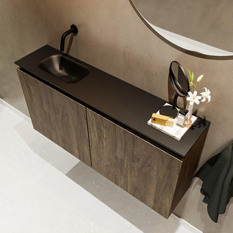 MONDIAZ TURE Fonteinset - 100x23x50cm - 0 kraangaten - 2 deuren - dark brown mat - Wasbak links - Solid Surface Zwart SW475549