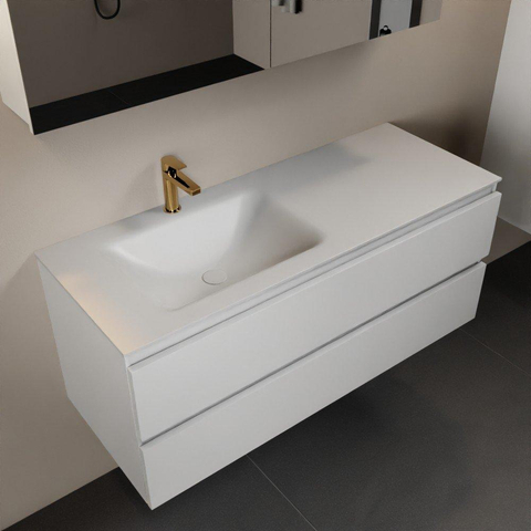 Mondiaz AIVY Ensemble de meuble - 120x45x50cm - 1 trou de robinet - 1 vasque Talc Solid surface - Gauche - 2 tiroirs - avec armoire de toilette - MDF Talc SW892400