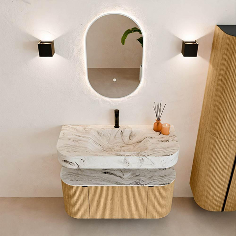 MONDIAZ THOR-DLUX 100cm badmeubel ronding links + rechts kleur Oak met 1 lade en 2 deuren. Vrijhangende wastafel CLOUD Midden 1 kraangat kleur Glace. SW1467302