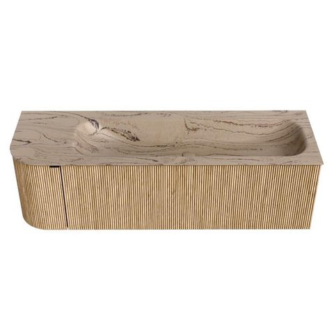MONDIAZ KURVE-DLUX Meuble de salle de bains 145 cm arrondi à gauche couleur Chêne avec 1 tiroir et 1 porte. Lavabo BIG LARGE à droite sans trou de robinet Arena. SW1431119