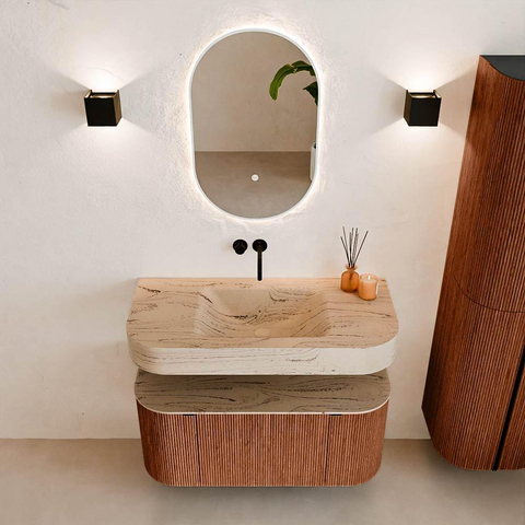 MONDIAZ THOR-DLUX 100cm meuble de salle de bains arrondi gauche + droite couleur Ruby avec 1 tiroir et 2 portes. Vasque suspendue CLOUD Milieu sans trou de robinet couleur Arena. SW1467456