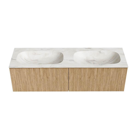 MONDIAZ KURVE-DLUX Meuble de salle de bains 150 cm couleur Oak avec 2 tiroirs. Lavabo STOR SMALL double sans trou de robinet couleur Ostra. SW1137856