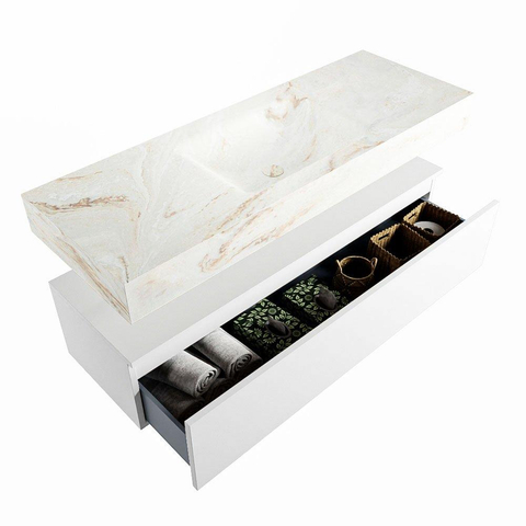 Mondiaz ALAN-DLUX Ensemble de meuble - 130cm - meuble Talc mat - 1 tiroir - Lavabo Cloud Frappe suspendu - vasque Centre - 0 trous de robinet SW805152