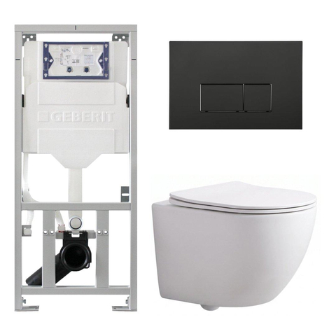 Pack WC QeramiQ Dely Swirl Compact - réservoir encastrable Geberit UP320 - avec bâti-support Burda - abattant slim - plaque de commande en plastique noir mat - boutons rectangulaires - blanc mat SW1595632