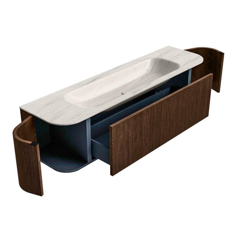 MONDIAZ KURVE-DLUX Meuble de salle de bains 170cm arrondi Gauche + Droite couleur Walnut avec 1 tiroir et 2 portes. Plan-vasque BIG LARGE Centre sans trou de robinet Meli. SW1431722