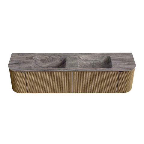 MONDIAZ KURVE-DLUX Meuble de salle de bains 180cm arrondi Gauche + Droite couleur Dusk avec 2 tiroirs et 2 portes. Lavabo LEAF Double sans trou de robinet Oza. SW1433017