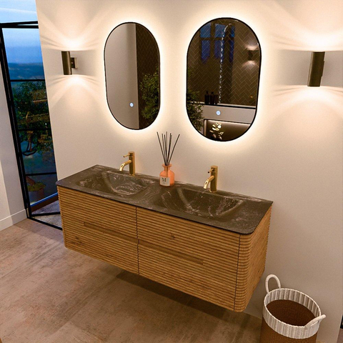 Mondiaz CIRO-DLUX Badkamermeubelset - 140x45x50cm - Solid surface wastafel Lava - 2 wasbak Dubbel - 2 kraangaten - 4 lades - Oak SW1531086