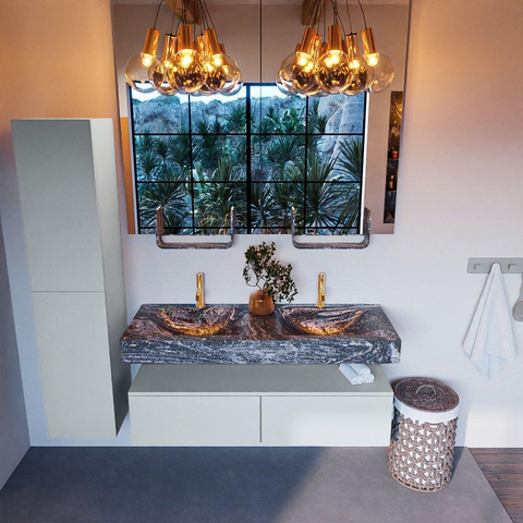 Mondiaz ALAN-DLUX Ensemble de meuble - 130cm - meuble Clay mat - 2 tiroirs - Lavabo Cloud Lava suspendu - vasque Gauche et droite - 2 trous de robinet SW808840