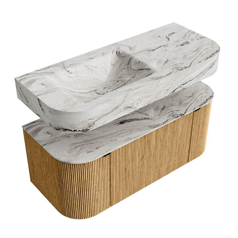MONDIAZ THOR-DLUX 110cm badmeubel ronding links + rechts kleur Oak met 1 lade en 2 deuren. Vrijhangende wastafel CLOUD Links zonder kraangat kleur Glace. SW1462726