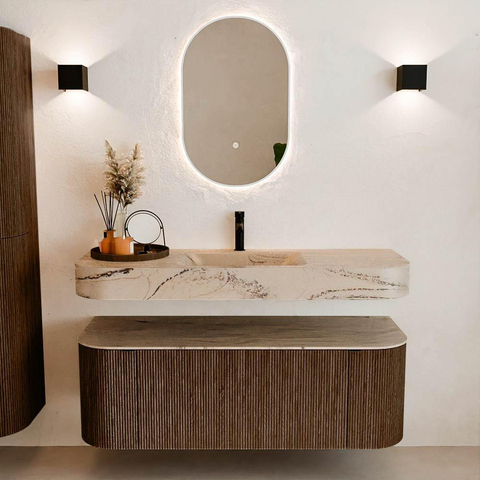 MONDIAZ THOR-DLUX 130cm meuble de salle de bains arrondi gauche + droite couleur Walnut avec 1 tiroir et 2 portes. Vasque suspendue CLOUD Milieu 1 trou de robinet couleur Arena. SW1463769