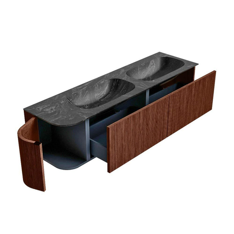 Mondiaz KURVE-DLUX Ensemble de meubles de salle de bains - 165x46x40cm - 2 tiroirs - 1 porte - lavabo solid surface - double / droite - sans trou de robinet - Ruby SW1416014