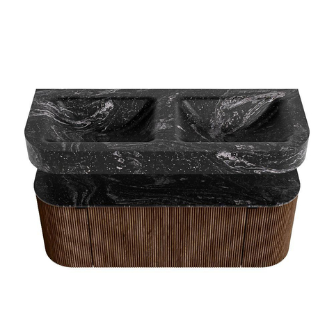 MONDIAZ THOR-DLUX 120cm meuble de salle de bains arrondi gauche + droite couleur Walnut avec 1 tiroir et 2 portes. Vasque suspendue CLOUD Double sans trou de robinet couleur Lava. SW1463225