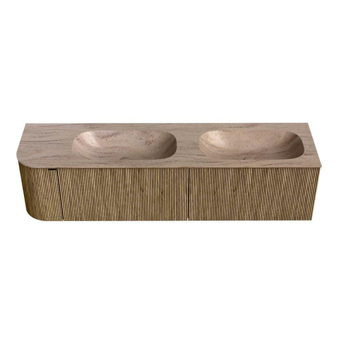 MONDIAZ KURVE-DLUX meuble de salle de bains 175cm arrondi à gauche couleur Dusk avec 2 tiroirs et 1 porte. Lavabo STOR SMALL double / à droite 2 trous de robinet Saba. SW1433400