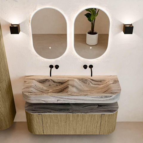 MONDIAZ THOR-DLUX 130cm meuble de salle de bains arrondi gauche + droite couleur Dusk avec 1 tiroir et 2 portes. Vasque suspendue CLOUD Double sans trou de robinet couleur Sombra. SW1464070