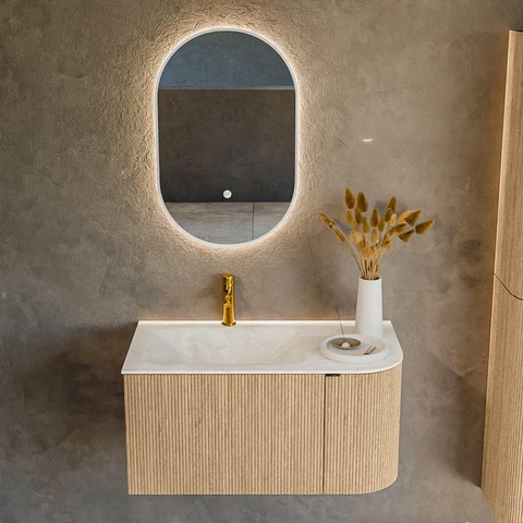 MONDIAZ KURVE-DLUX meuble de salle de bains 85cm avec module 25 R couleur chêne avec 1 tiroir et 1 porte. Lavabo CLOUD gauche 1 trou de robinet couleur Opalo. SW1137504