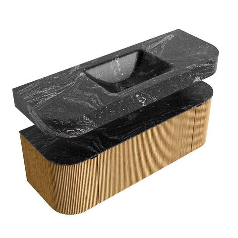 MONDIAZ THOR-DLUX Meuble de salle de bains 130cm arrondi gauche + droite couleur Oak avec 1 tiroir et 2 portes. Vasque suspendue CLOUD Milieu sans trou de robinet couleur Lava. SW1463536