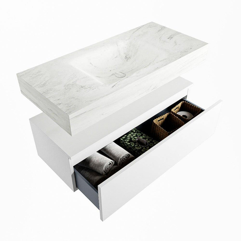 Mondiaz ALAN-DLUX Ensemble de meuble - 100cm - meuble Talc mat - 1 tiroir - Lavabo Cloud Opalo suspendu - vasque Centre - 0 trous de robinet SW806162