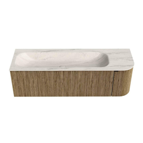 MONDIAZ KURVE-DLUX Meuble de salle de bains 145 cm arrondi à droite couleur Dusk avec 1 tiroir et 1 porte. Lavabo BIG LARGE à gauche 2 trous de robinet Meli. SW1431898