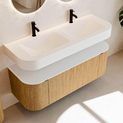 MONDIAZ THOR 130cm meuble de salle de bains arrondi gauche + droite couleur Oak avec 1 tiroir et 2 portes. Vasque suspendue CLOUD Double 2 trous de robinet couleur Talc. SW1463671