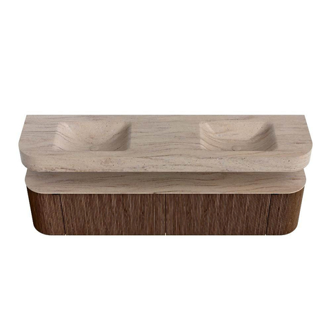 MONDIAZ THOR-DLUX 190cm meuble de salle de bains arrondi gauche + droite couleur Walnut avec 2 tiroirs et 2 portes. Vasque suspendue CLOUD Double 2 trous de robinet couleur Saba. SW1466656